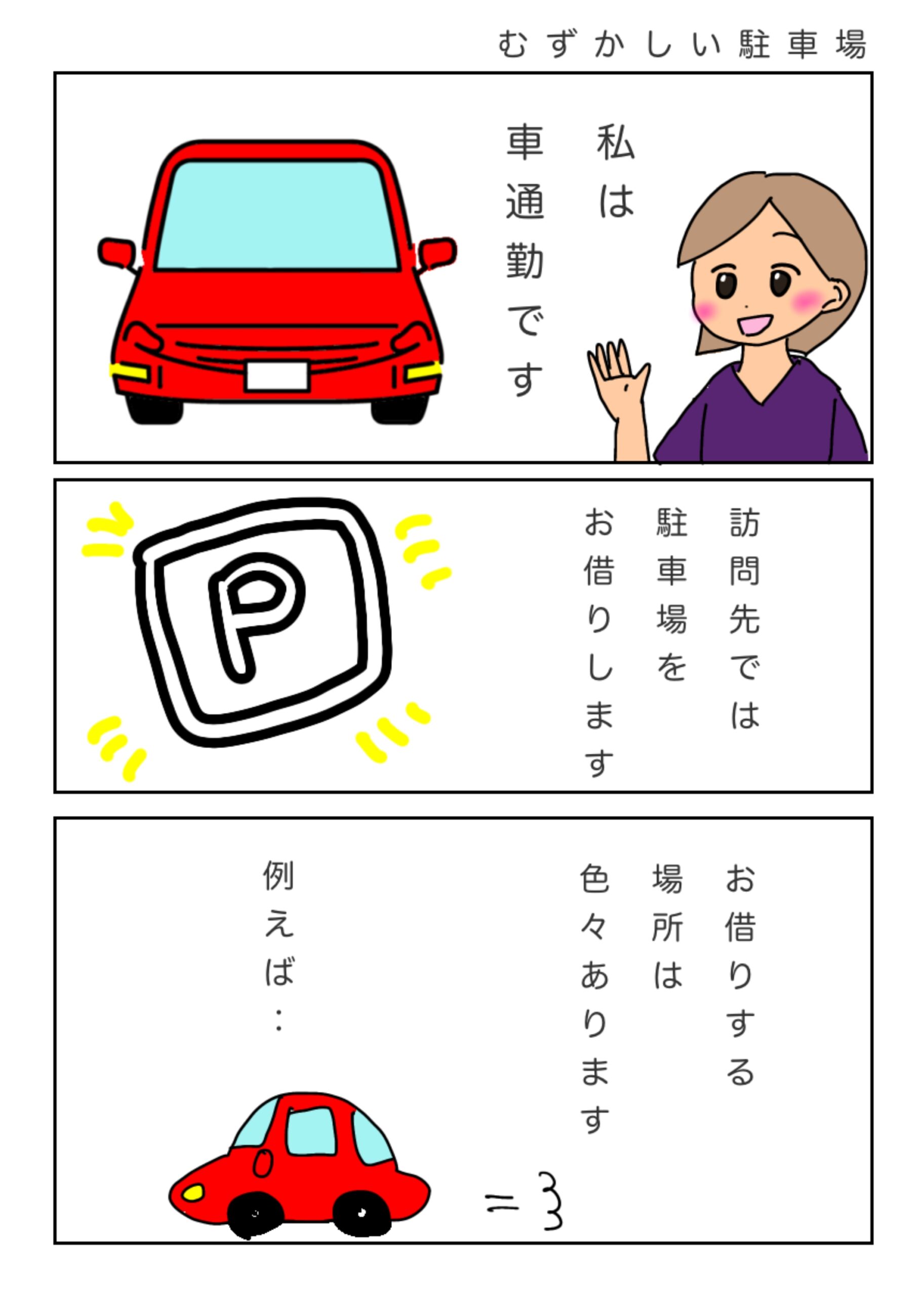 車通勤です。訪問先で駐車場を借りています。いろいろな駐車場があります。